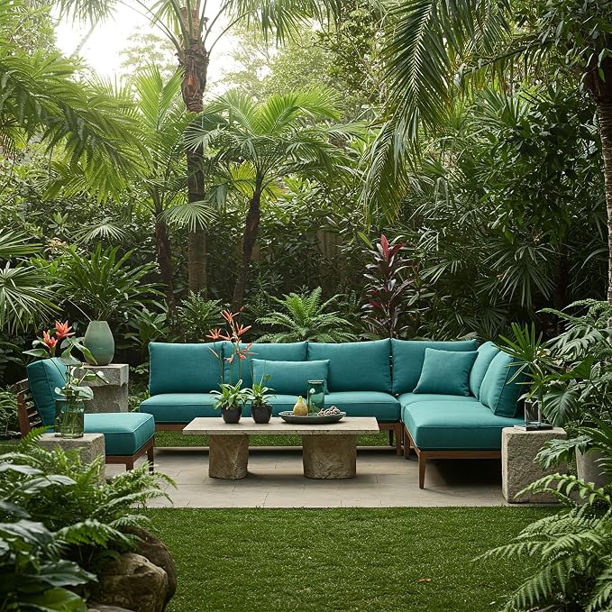 RSH DECOR: Sunbrella Square Throw Pillows Set of 4 | 17" x 17" | Water and Fade-Resistant Performance Fabric | Outdoor Pillow Covers with Down-Alternative Inserts | Spectrum Peacock