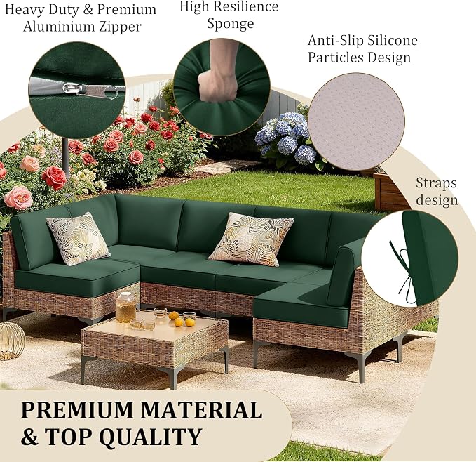 14pc Waterproof Outdoor Couch Cushions for 6 Seat Patio Dark Green | Water-resistant, UV-resistant,14pc High-Density Foam Replacement Cushions for 6-Seat Outdoor Sectional Furniture