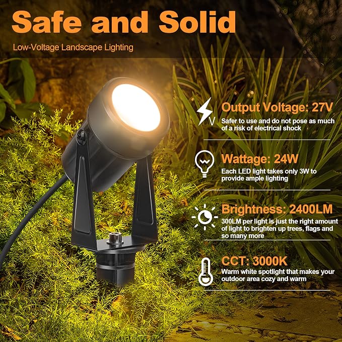 85.3FT LED Outdoor Landscape Spot Light Low Voltage, 24W Wired Uplight with Transformer, IP65 Waterproof Outside Plug-in lighting for Garden House Yard Tree Pathway, Warm White 3000K, Pack of 8
