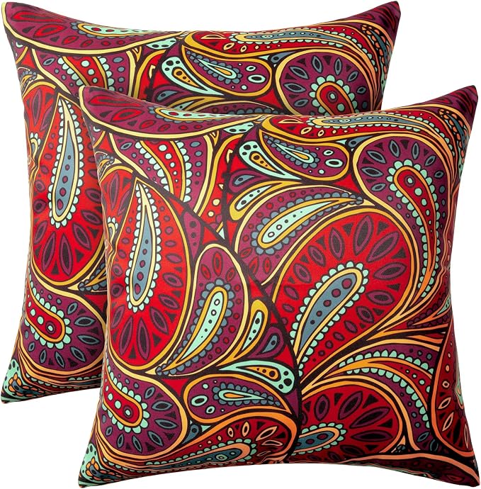 2 Pack Waterproof Outdoor Pillows, 18x18 Outdoor Throw Pillows | Patio Furniture Pillows, Fluffy Decorative Pillows, Waterproof &Fade Resistant, Removable & Washable, Paisley Dark Red