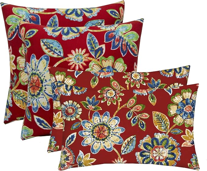 RSH DECOR: Lumbar & Square Throw Pillows Set of 4 | 20" x 12" & 17" x 17" | All-Weather Spun Fabric | Water and Fade-Resistant | Outdoor Accent Pillows for Patio Furniture | Daelyn Cherry
