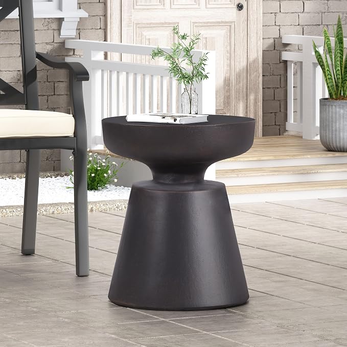 Outdoor Side Table 17.75" Hourglass Shape Lightweight Concrete-Look Outdoor Indoor Accent Table Decorative Garden Stools, for Patio Porch Living Room, Black