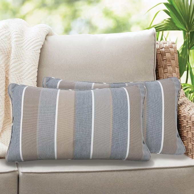 Lumbar Pillow with Insert, Set of 2, Outdoor Indoor Waterproof Decorative Patio Lumbar Pillow 12x20 Inch, Rectangular Cushion for Couch Sofa Garden Farmhouse Decoration-Grey Stripe
