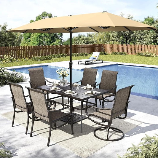 MFSTUDIO Patio Dining Set for 6, Outdoor Dining Set with Umbrella, Patio Furniture Set with Rectangular Table & Textilene Chairs & Beige Umbrella (Base not Included)