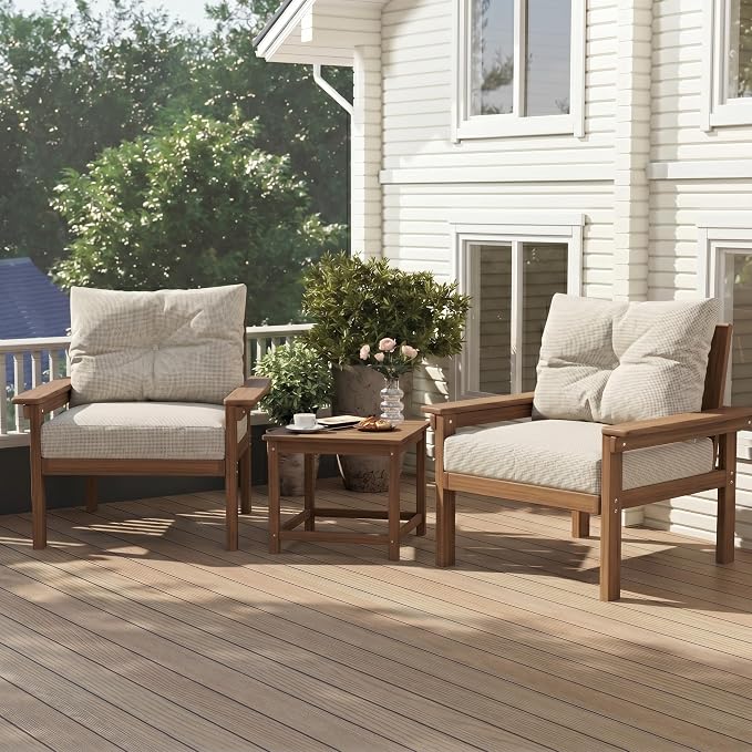 3 Piece HDPE Outdoor Patio Furniture Set, All-Weather 2 Armchairs with Side Table, Patio Conversation Set with Beige Washable Thick Cushion for Balcony/Porch/Backyard (Teak Frame)