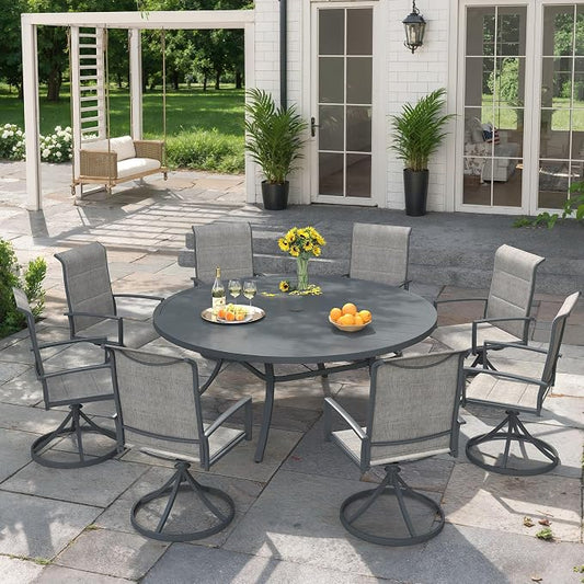 VICLLAX 9 Pieces Outdoor Dining Set, Patio Furniture Set Includes 60" Round Metal Table W/ 1.9" Umbrella Hole and 8 Padded Textilene Swivel Chairs for Porch, Lawn, Garden, Backyard