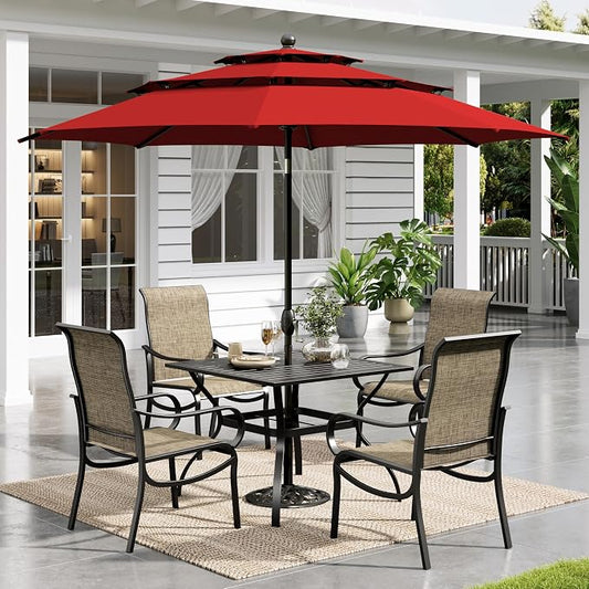 Sophia & William Patio Set with Umbrella, Outdoor Dining Set with 10ft 3-Tier Red Umbrella, 4 x Fixed Patio Dining Chairs, & Square Metal Table for Garden Backyard (No Umbrella Base)