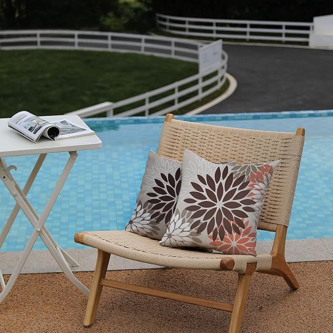 DFXSZ Outdoor Waterproof Pillow Covers 16x16 Set of 2 Brown Red Flower | Spring Summer Waterproof Flower Throw Pillowcases（No Inserts）Outdoor Decor for Patio Funiture Garden Polyester Covers