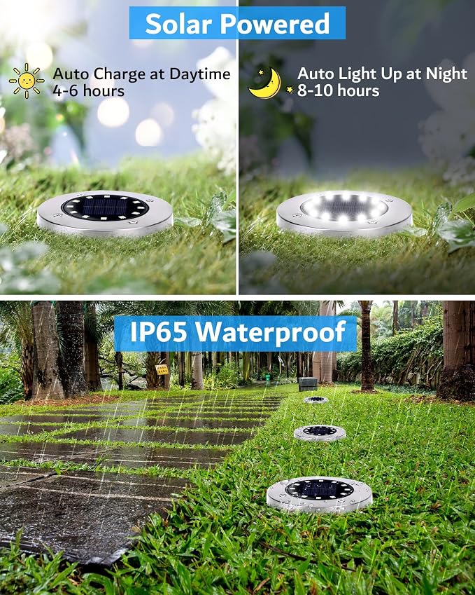 Biling Solar Ground Lights Outdoor Bright Waterproof 8 Pack White | Flat 12 LEDs Solar Outdoor Lights Longevity, Easy To Assemble and Use, for Yard Walkway Garden Driveway
