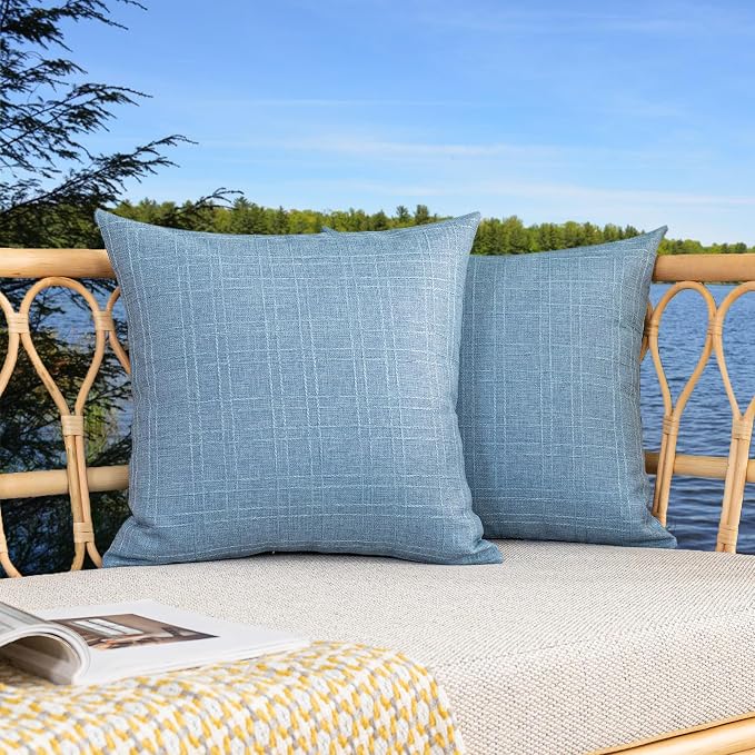 Kevin Textile Outdoor Waterproof 16”x16” Pillow Covers 2 Pack, Light Blue | Water Resistant, Soft Faux Linen-cotton Yarn-dyed Woven Texture Throw Pillow Covers for Tent Patio Garden Couch Sofa