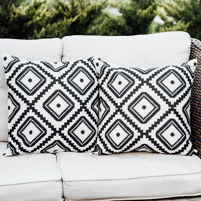 Outdoor Pillow Covers 2 Pack Patio Decorative Accent Throw Pillow Covers, Waterproof and Fade Resistant, Perfect for Summer Outdoors and Indoors, Geometric 18x18in Black and White