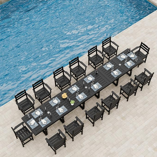 K Knowbody 17-Piece Outdoor Patio Dining Table and Chairs Set, Seats 14 | Steel-Reinforced HDPE, 100 lb/sq ft Load Capacity, 2-Inch Umbrella-Ready Tables, All-Weather, Fade-Resistant, Charcoal Black