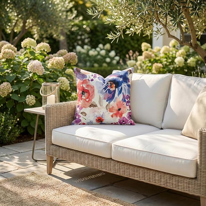 Fab Habitat Indoor/Outdoor Throw Pillow Made from Recycled Polyester Yarn - Stain Resistant, Machine Washable, Insert Included - Floral - Patio, Deck, Living Room - Watercolor Garden Multi (20" x 20")