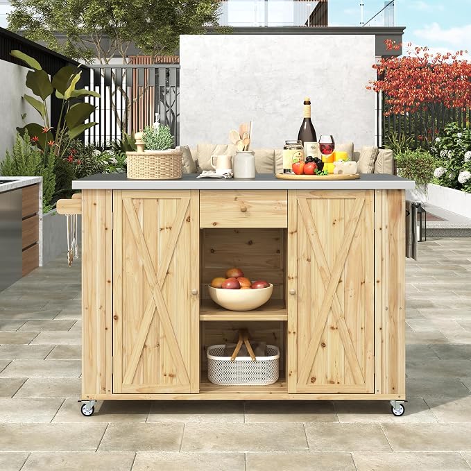 Outdoor Kitchen Island Fir Wood Kitchen Island with Stainless Steel Top,Ample Storage Space, Towel and Spice Racks and a Bottle Opener for Outdoor (Natural Wood@53)