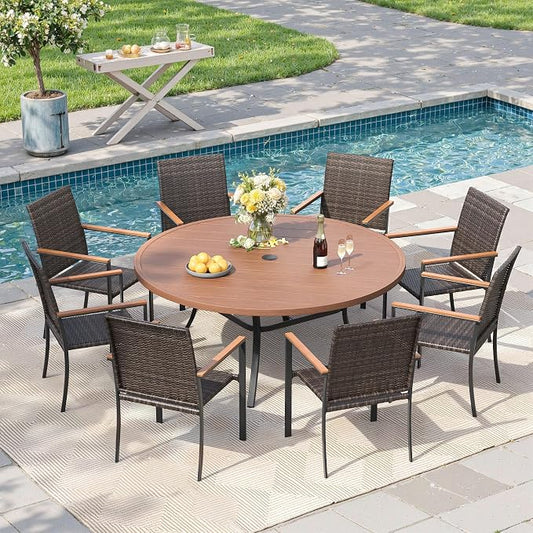 Round Patio Dining Set for 8, 53" Round Metal Table with Umbrella Hole and Stackable Wicker Patio Chairs, Outdoor Furniture Set for Deck Backyard Garden, Walnut Chairs, Walnut Table
