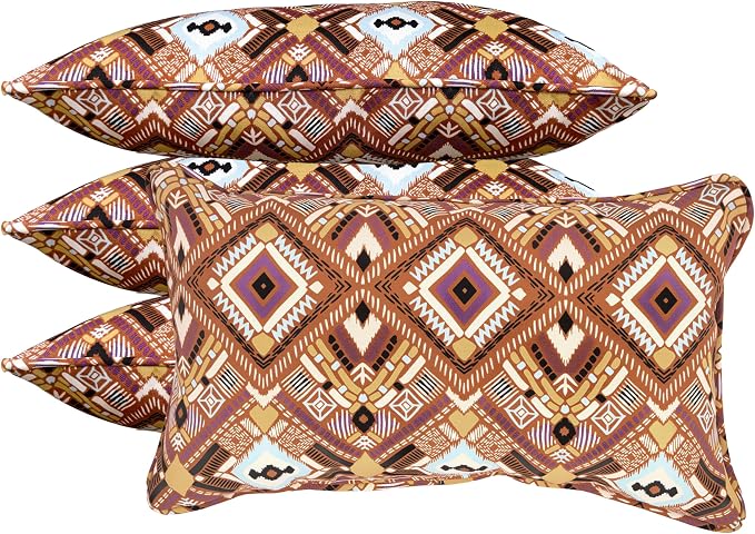 12x20 Inch Outdoor Lumbar Pillows, 4-Pack with Built-in Inserts. One-Piece Zipper-Free Design, Supportive, Fade & Water Resistant for Patio, Porch, Couch and Office Chair, Terracotta Boho