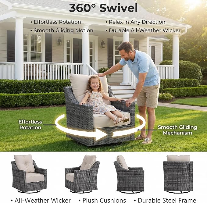 7 Piece Patio Furniture Set with 6" Thick Cushions, Weather-Resistant Wicker Swivel Rocker High Back Chairs and Fire Pit Table for Porch Yard Deck