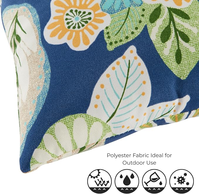 Set of 2 Outdoor Throw Pillows 19 x 12 Inch – Reversible Rectangle Patio Accent Pillows – Weather-Resistant Polyester Fabric – Eco-Friendly Recycled Polyfiber Fill – Marlow Blue Floral