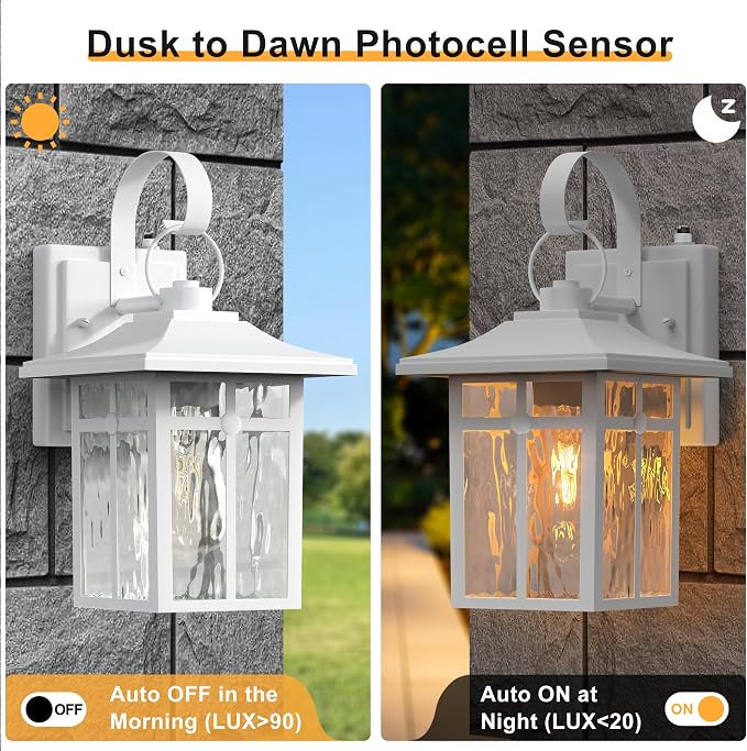 Dusk to Dawn Outdoor Wall Lights, Aluminum, White, 2 Pack | Ripple Glass, Modern Porch Lights, Exterior Sconce, For Entryway, Garage, Patio