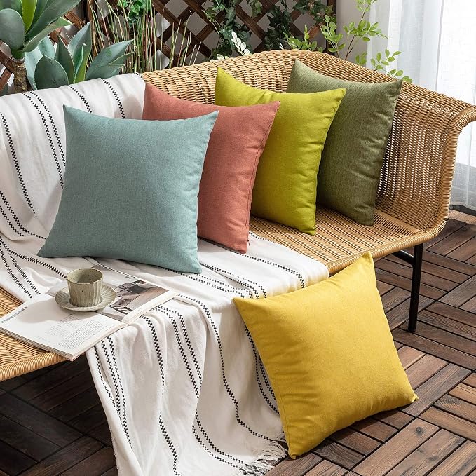 Outdoor Waterproof Throw Pillow Covers Yellow 16x16 Set of 2 | Decorative Farmhouse Linen Pillowcases Solid Cushion Cases for Patio Tent Balcony Couch Sofa Living Room