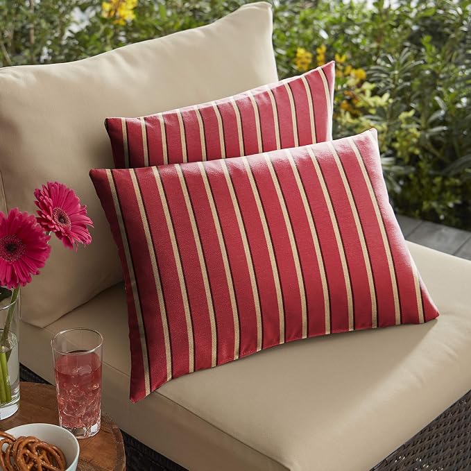 Sorra Home Sunbrella Indoor/Outdoor Sunbrella Lumbar Pillows, Set of 2, 12 x 24, Red & Gold Stripes