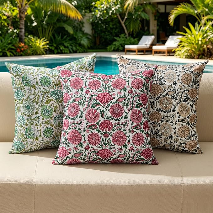 Allorry Outdoor Pillow Covers 16x16 Rose Pink Floral Outdoor Decor JB013D16 | Set of 2 Vintage Floral Block Print Pillow Cover,Farmhouse Boho Decorative for Spring Summer Outdoor Sofa Bedroom Decor