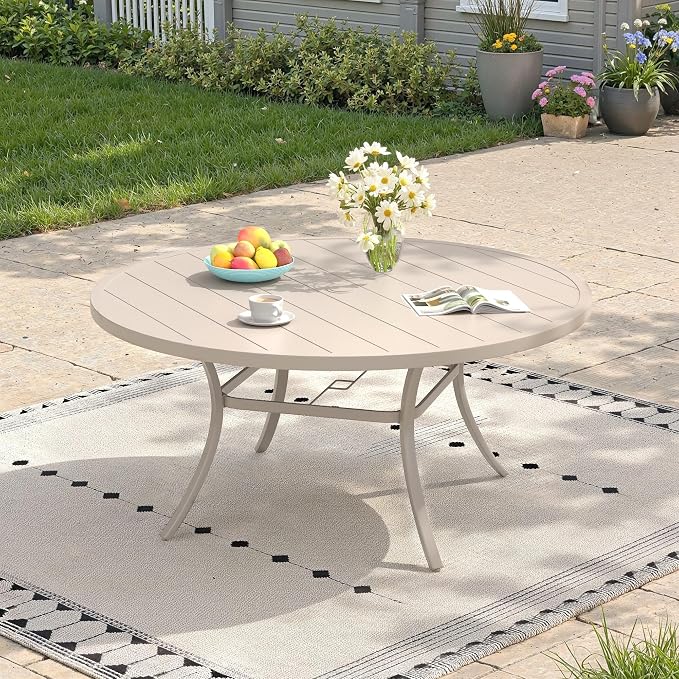 Outdoor Dining Table for 6, 50" Round Outdoor Table with Adjustable Umbrella Hole, All-Weather Metal Patio Dining Table for Lawn Garden Backyard Deck, Sandshell