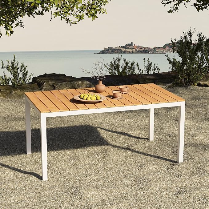 Outdoor Dining Table for 4-6 People Weather-Resistant Rectangle Patio Dining Table with Aluminum Frame for Garden Backyard Porch, White