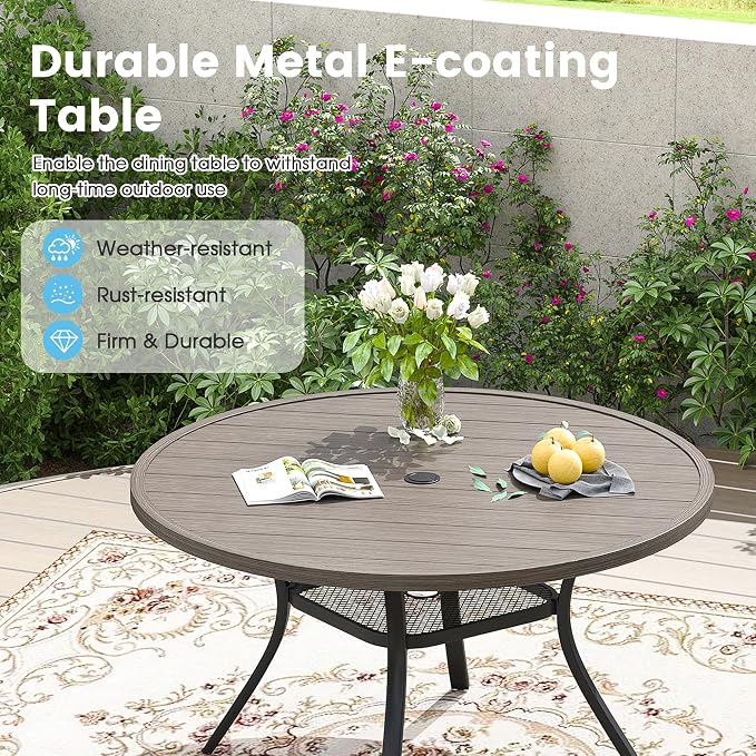 Patio Dining Table for 4-6, Round Metal Outdoor Table with 1.57" Umbrella Hole, 47" Outdoor Slat Tabletop Dining Table for Backyard, Porch, Lawn, Grey