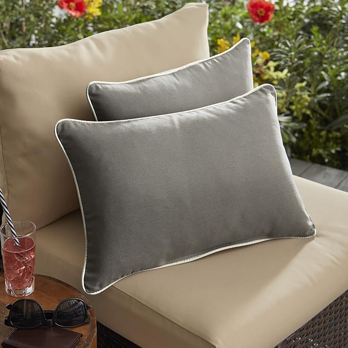 Sorra Home Indoor Outdoor Sunbrella Lumbar Pillows with Corded Edges, Set of 2, 12 x 18, Canvas Charcoal Grey & Canvas Natural Ivory