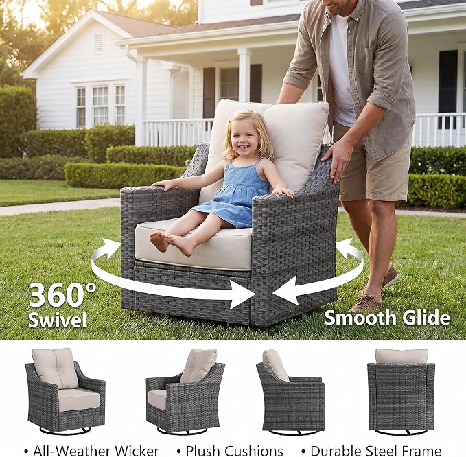 9 Piece Patio Furniture Set with 6" Thick Cushions, Weather-Resistant Wicker Swivel Rocker High Back Chairs and Fire Pit Table for Porch Yard Deck