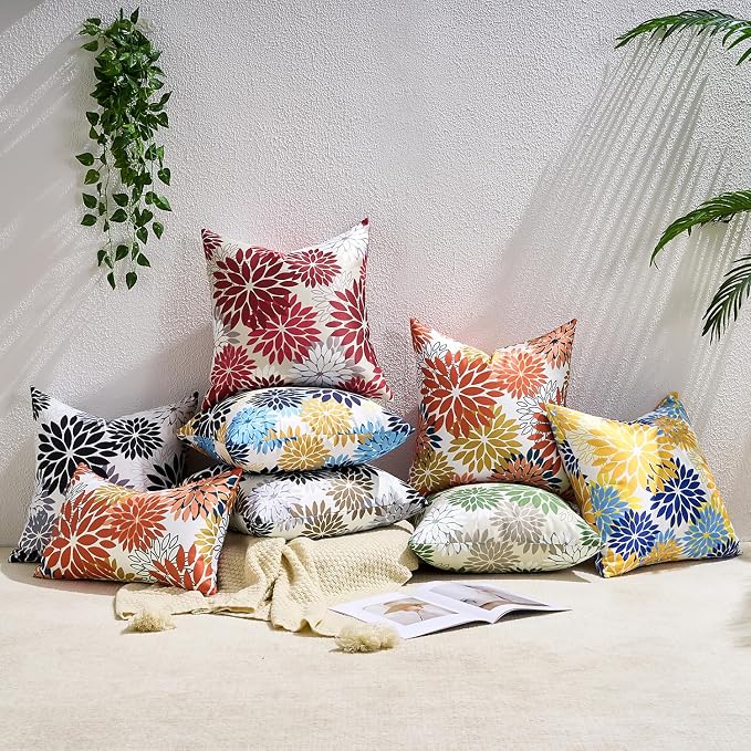 Dahlia Throw Pillow Covers 20×20 Inch Set of 2 Yellow and Blue Spring Summer Decorative Throw Pillow Cases Outdoor Pillows Waterproof Cushion Covers for Living Room Bedroom Garden Patio