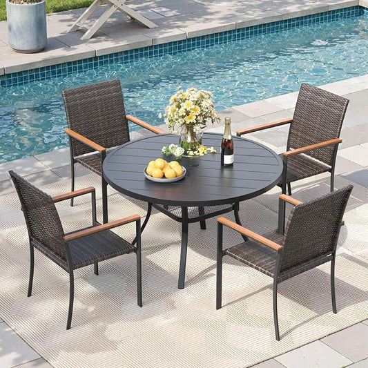 Round Patio Dining Set for 4, 40.6" Round Metal Table with Umbrella Hole and Stackable Wicker Patio Chairs, Outdoor Furniture Set for Deck Backyard Garden, Walnut Chairs, Black Table