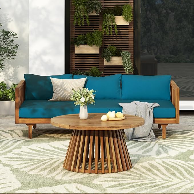 Merax Outdoor Acacia Wood Conversation Set, 3-Seat Loveseat Sofa w/Coushion and Round Coffee Table for Backyard, Patio Furniture, Teak+Teal