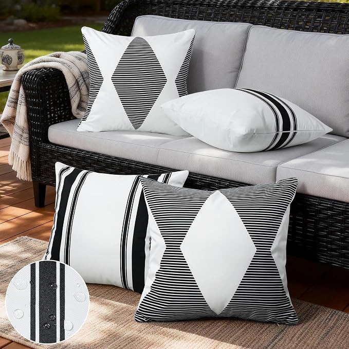 4 Pack Outdoor Waterproof Throw Pillow Covers 16x16 Inch | Black and White Stripe Geometric Decorative Throw Pillow Cover, Modern Outdoor Cushion Cases for Patio Garden Porch Sofa