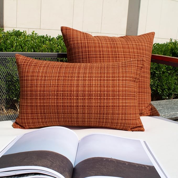 Kevin Textile Outdoor Waterproof 22"x22" Pillow Covers 2 Pack, Burnt Orange | Fall Water Resistant, Faux Linen Yarn-dyed, Woven Texture Throw Pillow Covers for Tent Patio Garden Couch Sofa
