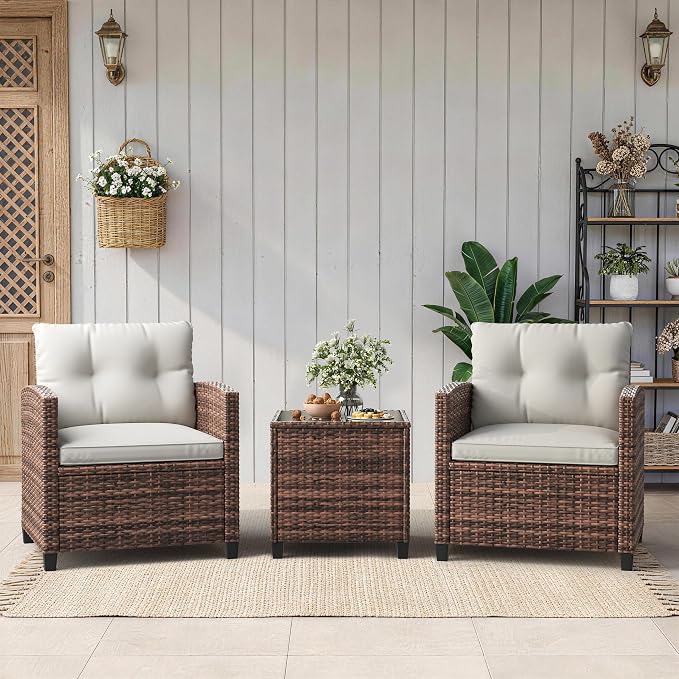 3-Piece Patio Furniture Set, PE Rattan Wicker Outdoor Sofa Set with Washable Cushions & Tempered Glass Tabletop, Conversation Set for Garden, Poolside, Balcony (Brown Wicker & Beige Cushions)