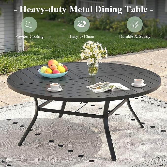 Round Patio Dining Set for 10, Outdoor Furniture Set of 63 Round Metal Table with Umbrella Hole and Stackable Wicker Patio Chairs for Backyard Lawn Garden, Walnut Chairs, Black Table