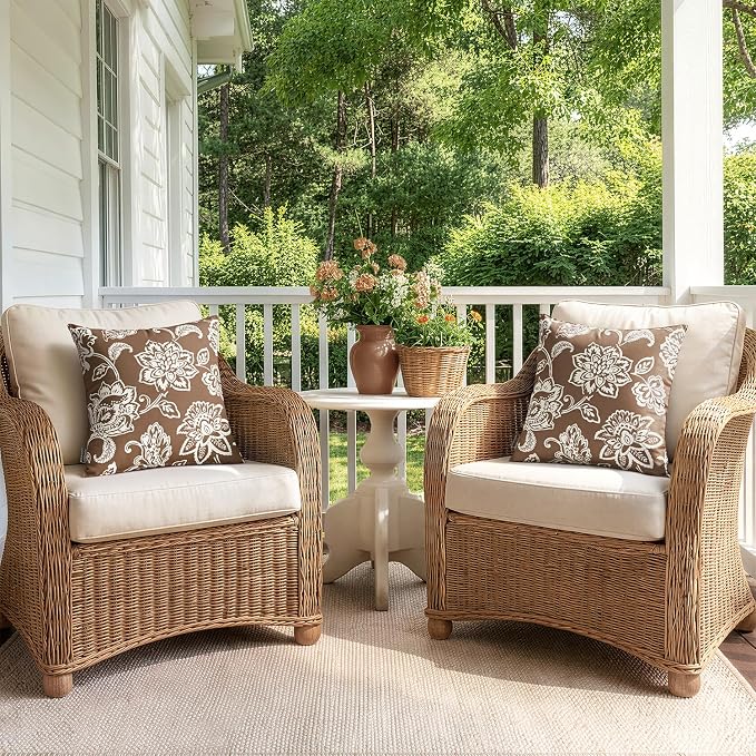 Decorative Outdoor Floral Pillow Covers Set of 2 18x18 Coffe Brown | Waterproof Boho Farmhouse,Decorative Throw Pillow Covers,Summer Coastal Accent Pillowcases,Patio Furniture Garden Sofa