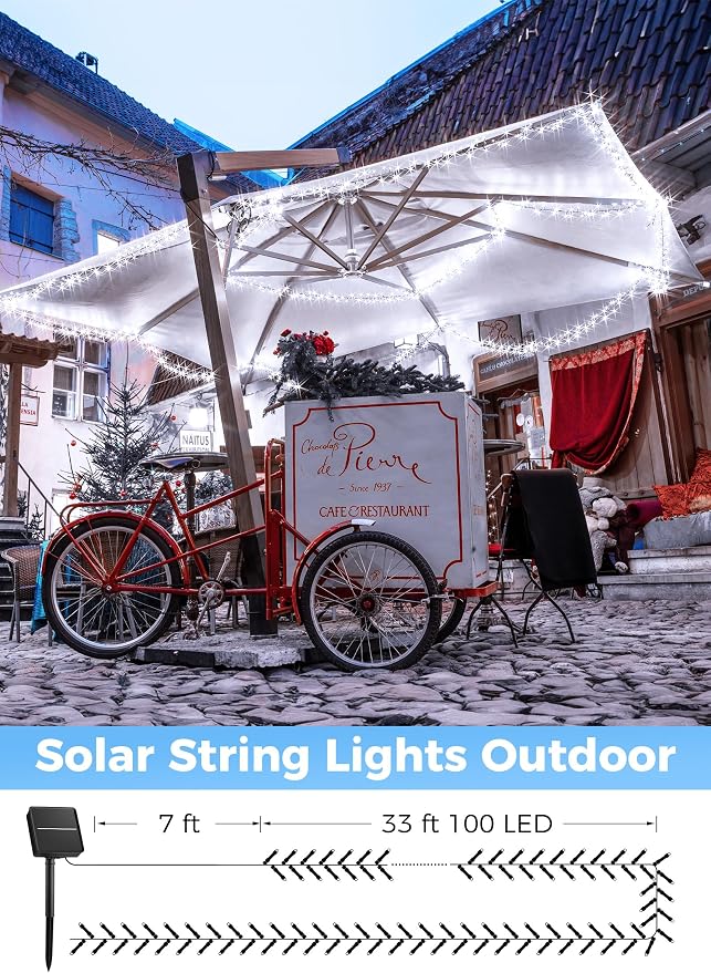 Minetom Solar String Lights Outdoor,40FT 100 LED Solar Powered String Light | Patio Light with 8 Lighting Modes, Waterproof Outdoor Solar Lights for Outside Tree Garden Balcony Yard Christmas, Pure White