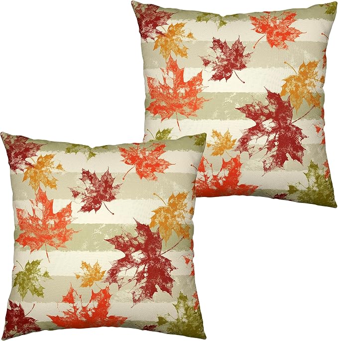 Thanksgiving Orange Red Maple Leaves Throw Pillow Covers 24x24 Green Grey White Stripes Pillow Covers Fall Cotton Linen Decorative Pillow Case for Patio Living Room Couch Set of 2