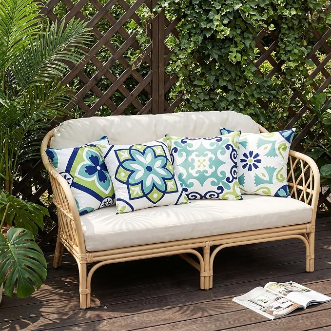 Outdoor Pillow Covers 18x18 Set of 4, Blue Green Morden Geometric Pattern Waterproof Throw Pillow Cover, Decorative Boho Farmhouse Cushion Cases for Summer Patio Funiture Garden Bench Couch