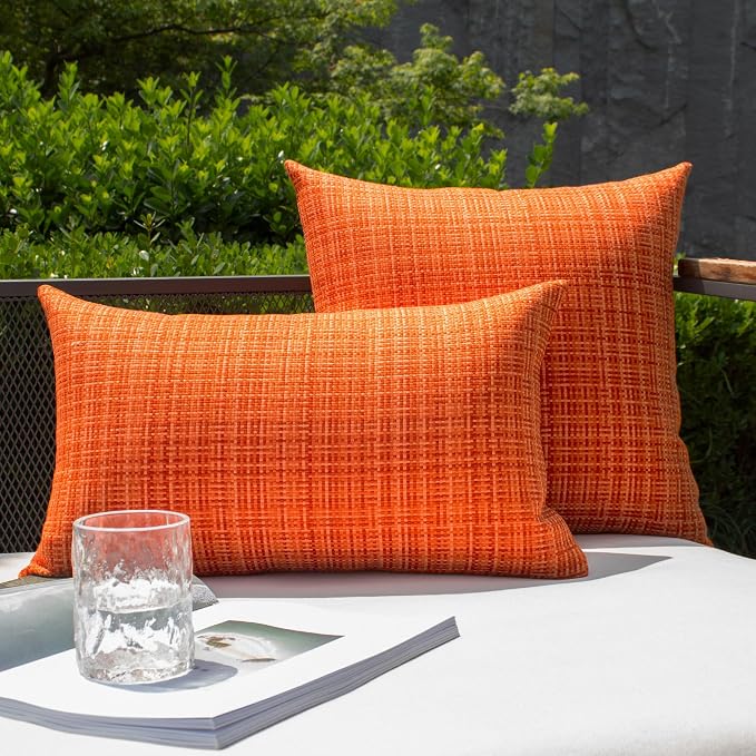 Kevin Textile Outdoor Waterproof 22x22 Inch Pillow Covers 2 Pack, Orange | Water Resistant, Faux Linen Yarn-dyed, Woven Texture Throw Pillow Covers for Tent Patio Garden Couch Sofa