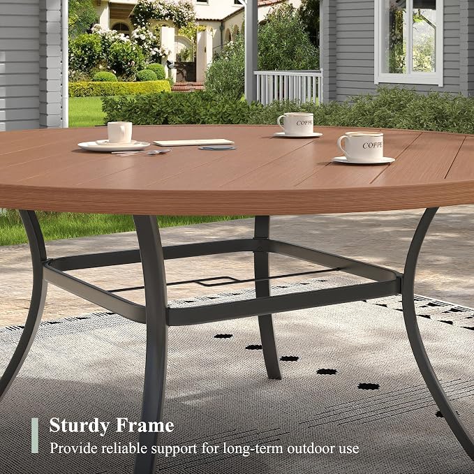 Outdoor Dining Table for 8, 53" Round Outdoor Table with Adjustable Umbrella Hole, All-Weather Metal Patio Dining Table for Lawn Garden Backyard Deck, Walnut