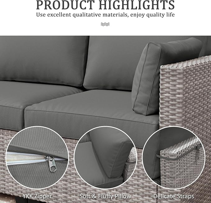 Outdoor Furniture Replacement Cushions, Waterproof Patio Furniture Cushions, 4" Deep Seat Outdoor Sectional Cushion for 3-Seat Outdoors Rattan Sofa Patio Sofa Cushion, Light Grey
