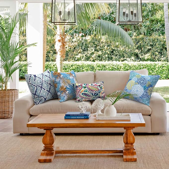Outdoor Throw Pillows with Inners 20x20 Inch, Square Pillows Decorative for Home Garden Furniture Set of 2, Boho Geometry Blue