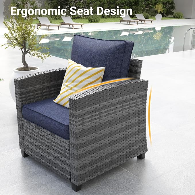 6 Pcs Patio Furniture Set with 44" Propane Gas Fire Pit Table, Rattan Outdoor Couch with Ottomans, 4" Thick Cushions for Backyard Garden Deck,Navy Blue
