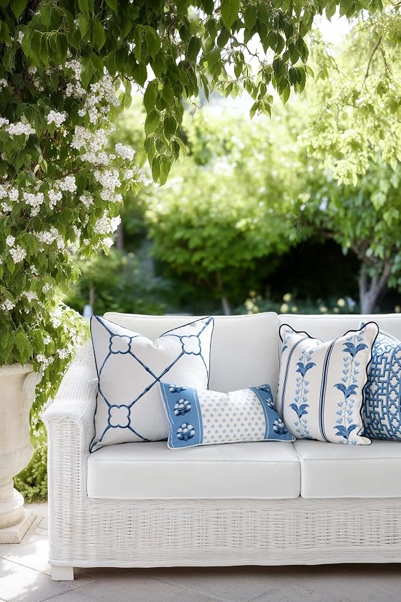Hofdeco Premium Coastal Hampton Patio Indoor Outdoor Throw Pillow Cover Only, 22"x22" Water Repellent for Backyard, Couch, Poolside, Navy Azure Blue Print Bamboo Trellis