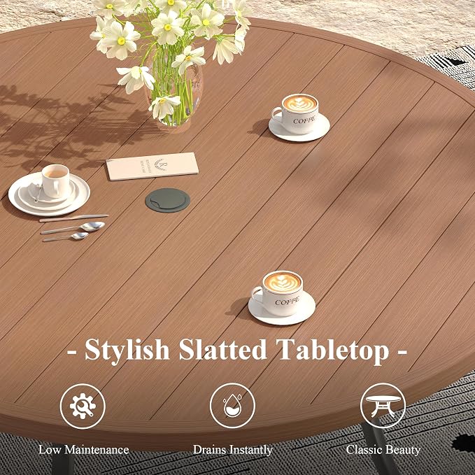 Outdoor Dining Table for 8, 53" Round Outdoor Table with Adjustable Umbrella Hole, All-Weather Metal Patio Dining Table for Lawn Garden Backyard Deck, Walnut