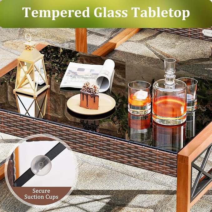 HAPPYGRILL 2 Pieces Patio Furniture Set, PE Rattan Loveseat and Coffee Table Set with Cushions & Tempered Glass Tabletop, Acacia Wood Outdoor Conversation Set for Balcony, Backyard & Poolside
